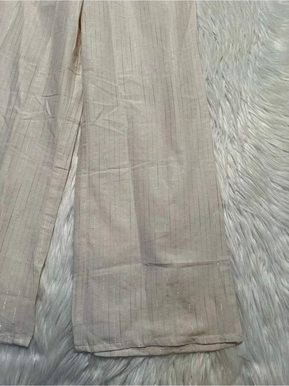 Women's Size 34 Pull On Pant Cream Metallic Silver Pinstripe Linen Semi-Sheer